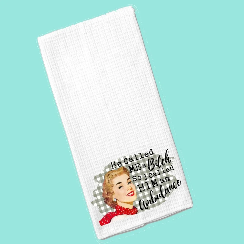 Funny Retro Waffle Weave Kitchen Towel Sarcastic Vintage Woman Graphic White